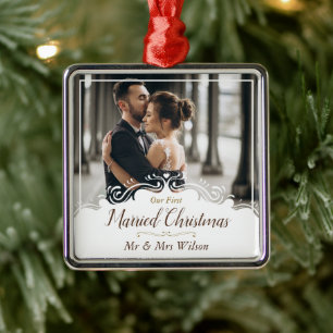 Elegant Our 1st Married Christmas One Photo Metal Tree Decoration