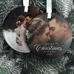 Elegant Our First Christmas As Mr & Mrs 2-Photo Ornament