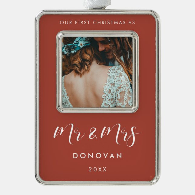 Elegant Our First Christmas as Mr & Mrs Photo Silver Plated Framed Ornament (Front)