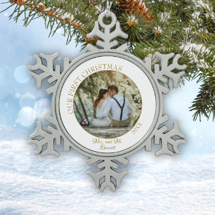 Elegant Our First Christmas as Mrs. & Mr. Photo Or Snowflake Pewter Christmas Ornament