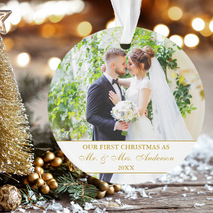 Elegant Our First Christmas Gold White 2 Photo Ornament