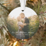 Elegant Our First Christmas Married Photo Newlywed Ornament<br><div class="desc">Did you get married this year? Add a memory to your tree with this elegant keepsake ornament with the message "Our First Christmas Married" in white text over your favourite wedding photo. Use the template to add your names and the year. Add the same photo to both sides or a...</div>