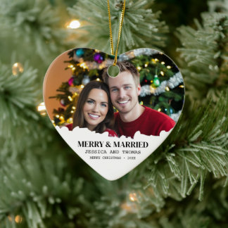 Elegant Our First Christmas Merry & Married Photo Ceramic Tree Decoration