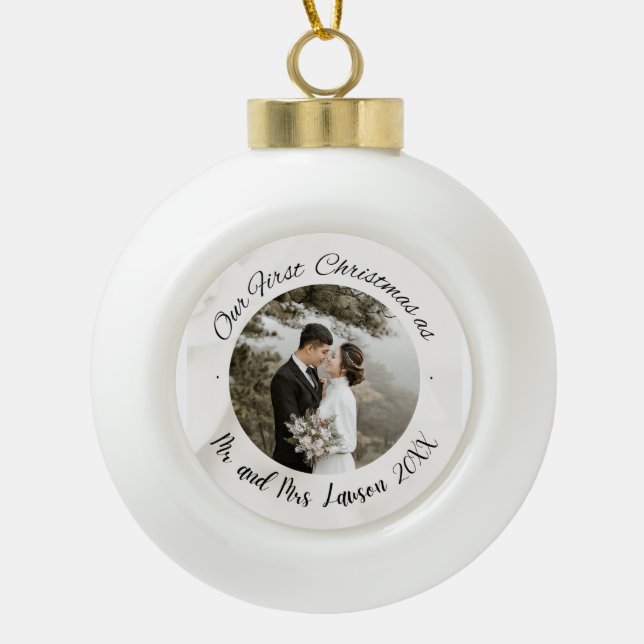 Elegant Our First Christmas wedding photo  Ceramic Ball Christmas Ornament (Front)