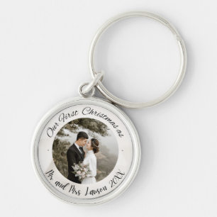 Elegant Our First Christmas wedding photo Key Ring