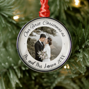 Elegant Our First Christmas wedding photo Metal Tree Decoration