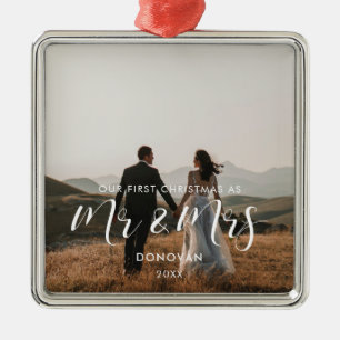 Elegant Our First Christmas wedding photo Metal Tree Decoration