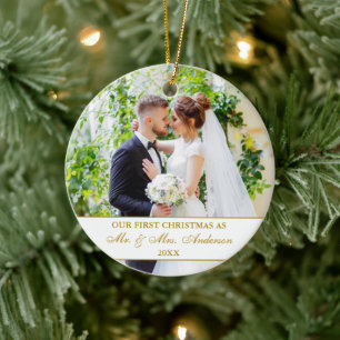 Elegant Our First Christmas White Gold 2 Photo Ceramic Tree Decoration