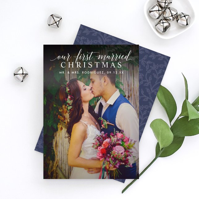Elegant Our First Married Christmas Navy Photo Holiday Card (Creator Uploaded)