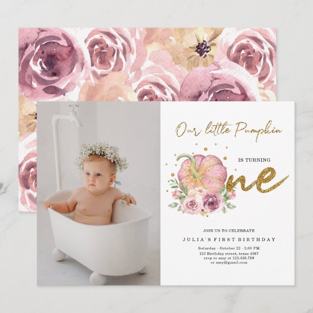 Elegant Our Little Pumpkin First Birthday Photo Invitation (Front/Back)