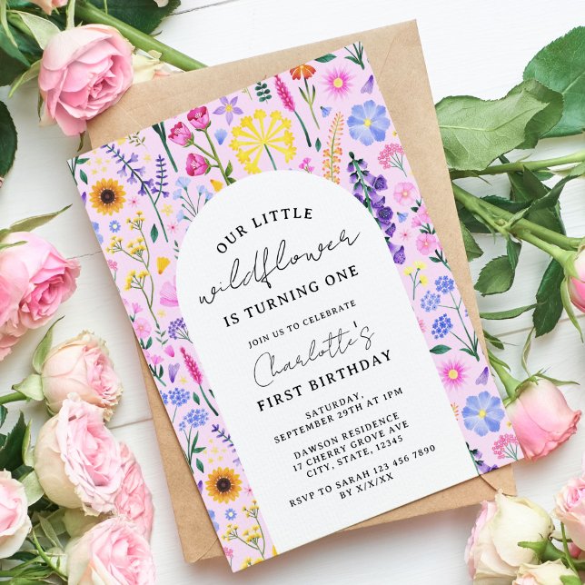 Elegant Our Little Wildflower Girl First Birthday Invitation (Spring Wildflower Girl's Birthday Invitation)