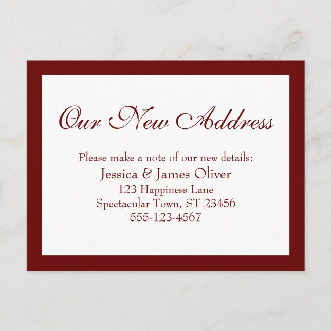 Elegant Our New Address Bordered Burgundy & White Postcard (Front)