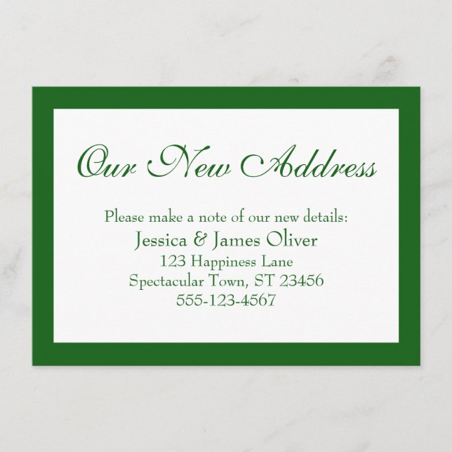 Elegant Our New Address Bordered Green on White Enclosure Card (Front)