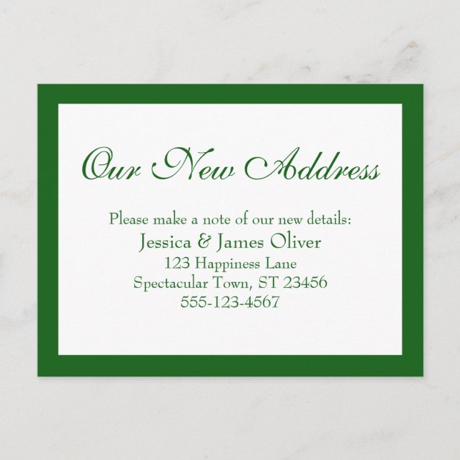 Elegant Our New Address Bordered Green & White Postcard (Front)
