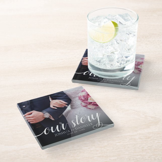 Elegant Our Story Photo Wedding Handwritten Glass Coaster (Angled)