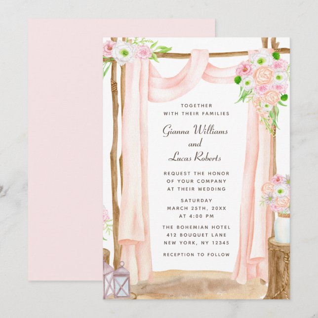 Elegant Outdoor Watercolor Pink Floral Wedding Invitation (Front/Back)