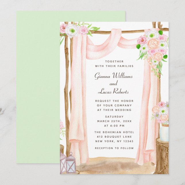 Elegant Outdoor Watercolor Pink Floral Wedding Invitation (Front/Back)