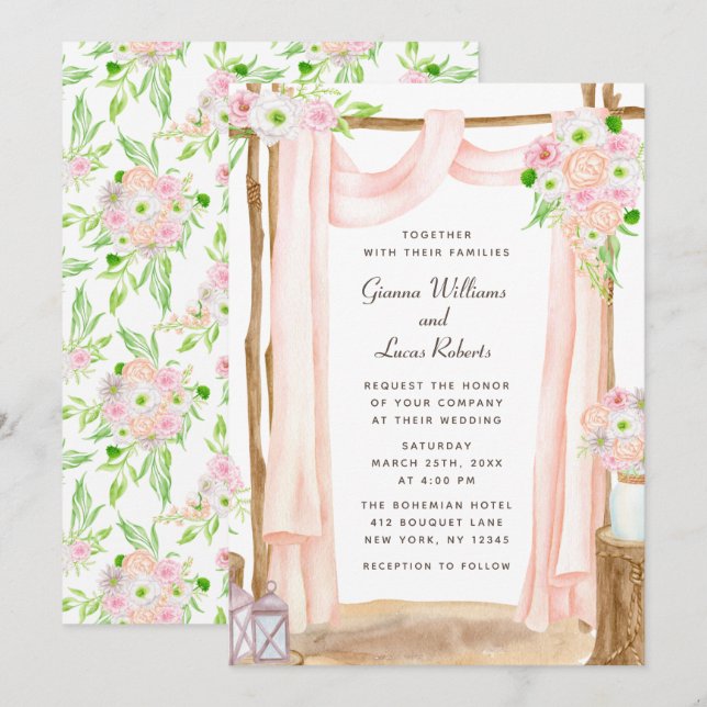 Elegant Outdoor Watercolor Pink Floral Wedding Invitation (Front/Back)