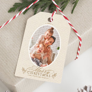 Elegant Oval Frame Merry Christmas Photo Gift Tags
