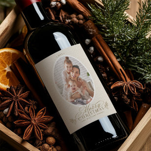 Elegant Oval Frame Merry Christmas Photo Wine Label