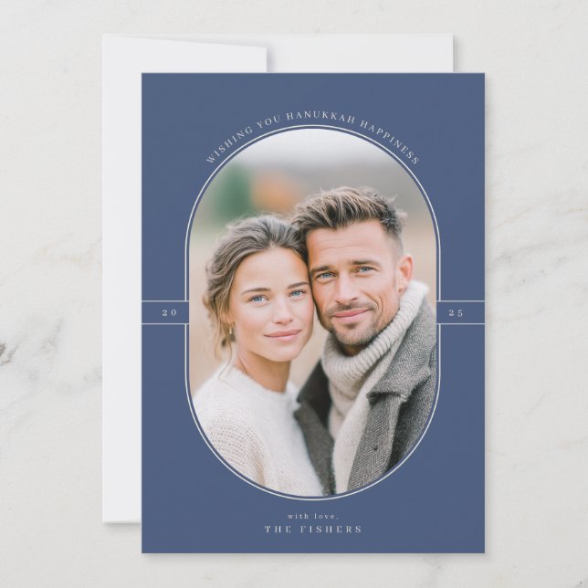 Elegant Oval Hanukkah Photo Holiday Card (Front)