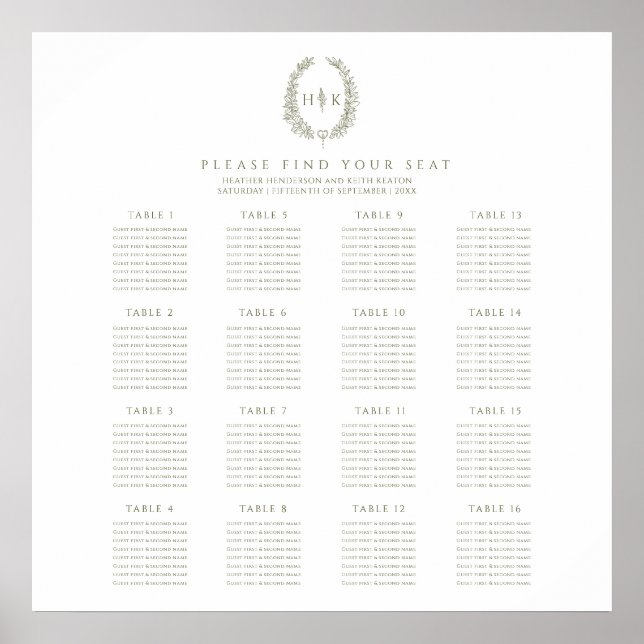 Elegant oval olive green wedding 16 tables plan poster (Front)