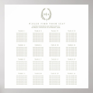 Elegant oval olive green wedding 16 tables plan poster