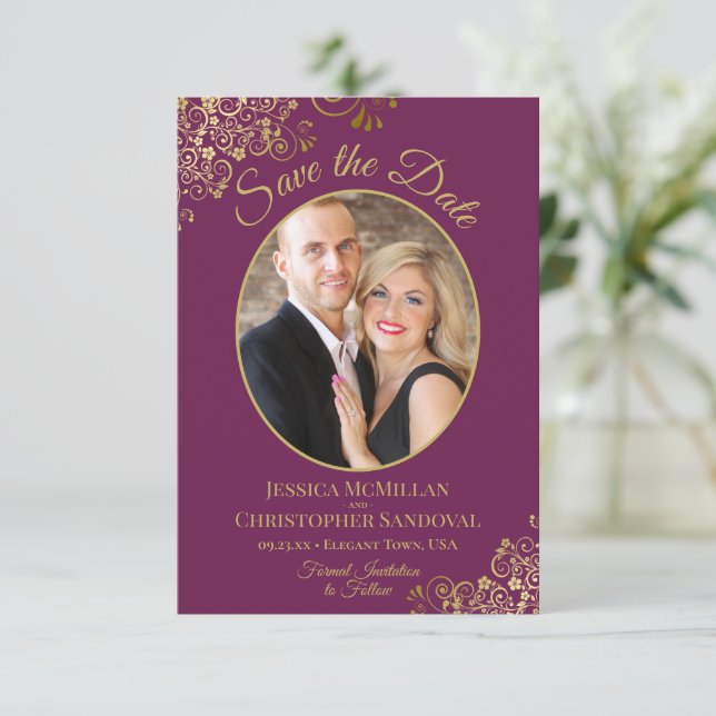 Elegant Oval Photo Gold & Magenta Purple Wedding Save The Date (Standing Front)