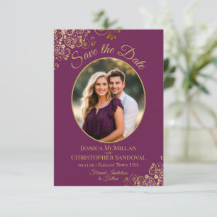 Elegant Oval Photo Gold & Magenta Purple Wedding Save The Date