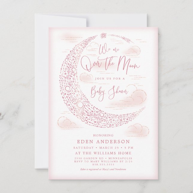 Elegant Over the Moon Baby Girl Shower Invitation (Front)