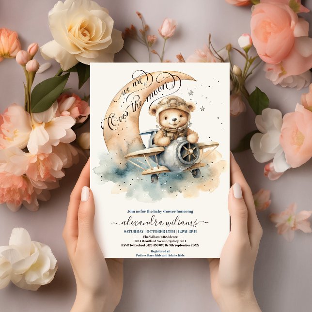 Elegant Over the Moon Teddy Bear Baby Shower Invitation (Creator Uploaded)