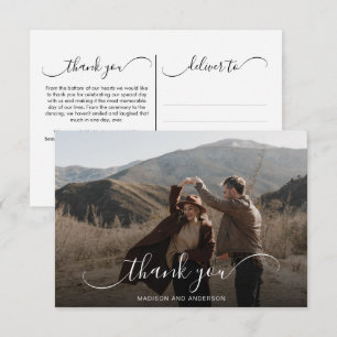 Elegant Overlay Calligraphy Wedding Photo Thank You Card