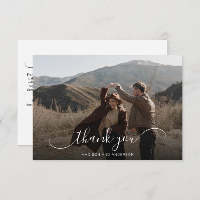 Elegant Overlay Calligraphy Wedding Photo Thank You Card (Front/Back)