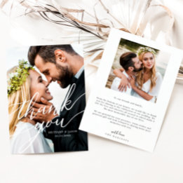 Elegant Overlay Hand Lettered Script Wedding Photo Thank You Card