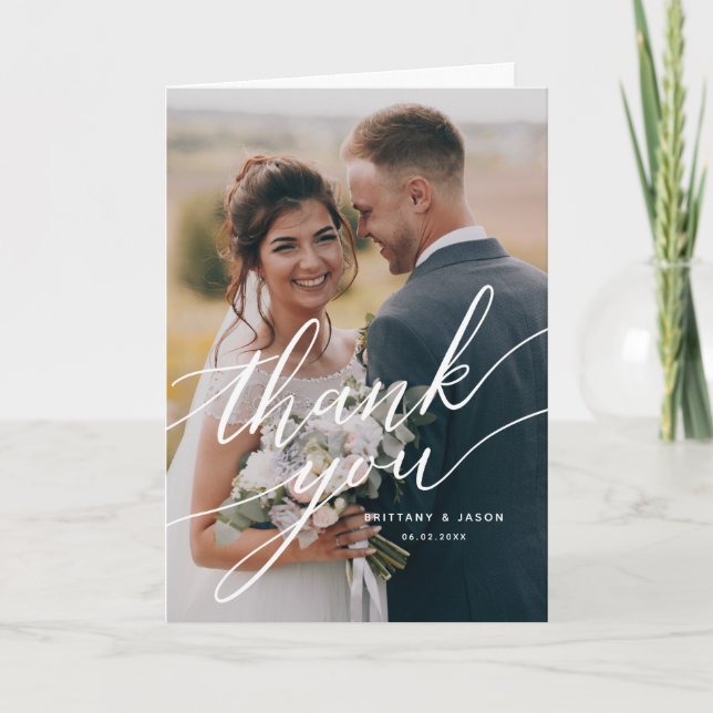 Elegant Overlay Script Wedding Photo Thank You Card (Front)