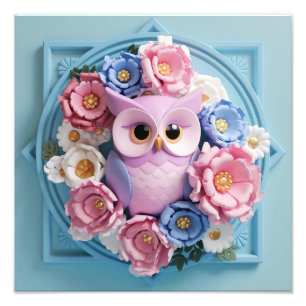 Elegant Owl Art with Floral Accents - Soft Pink Photo Print