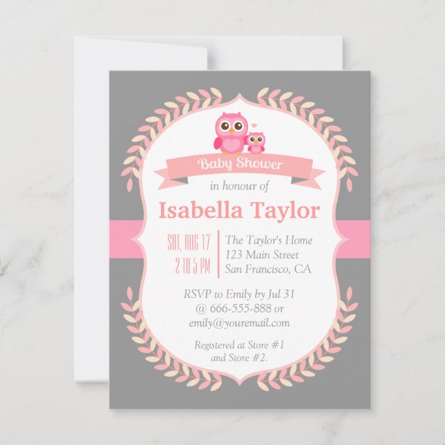 Elegant Owl Baby Girl Shower Invitation (Front)