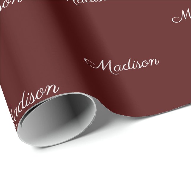 Elegant oxblood script custom name birthday  wrapping paper (Roll Corner)