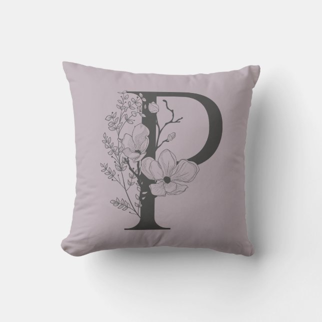 Elegant P Boho Floral Monogram Initial Lilac Grey Cushion (Front)