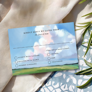Elegant Painted Blue Sky Puffy Pink Clouds Wedding RSVP Card