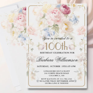 Elegant Painted Blush Rose Floral 100th Birthday  Invitation