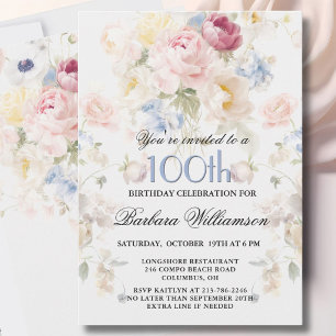 Elegant Painted Blush Rose Floral 100th Birthday Invitation