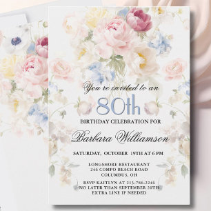 Elegant Painted Blush Rose Floral 80th Birthday  Invitation