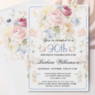 Elegant Painted Blush Rose Floral 90th Birthday  Invitation