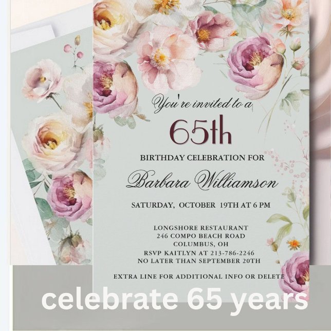 Elegant Painted Floral 65th Birthday Party Invitation (Creator Uploaded)