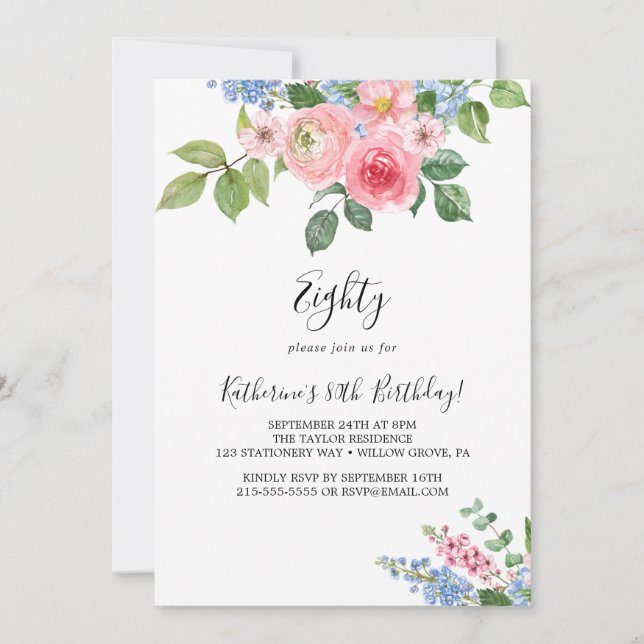 Elegant Painted Floral 80th Birthday Invitation (Front)