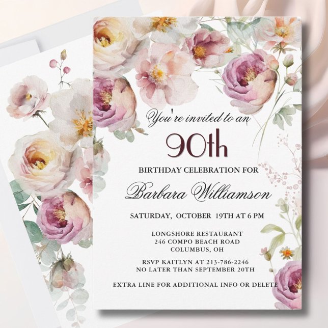 Elegant Painted Floral 90th Birthday Party Invitation (Creator Uploaded)