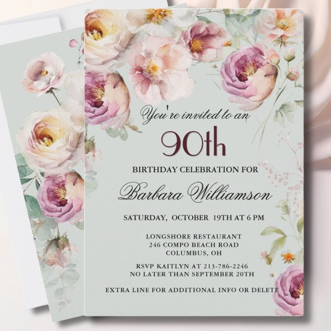 Elegant Painted Floral 90th Birthday Party Invitation (Creator Uploaded)