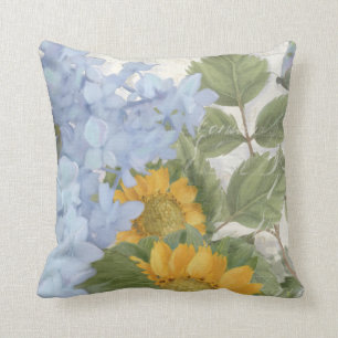 Elegant Painted Floral Blue Hydrangea Sunflowers Cushion