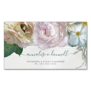 Elegant Painted Floral Peony Rose Pink n Yellow  Magnetic Business Card